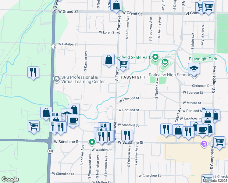 map of restaurants, bars, coffee shops, grocery stores, and more near 1453 South Fort Avenue in Springfield