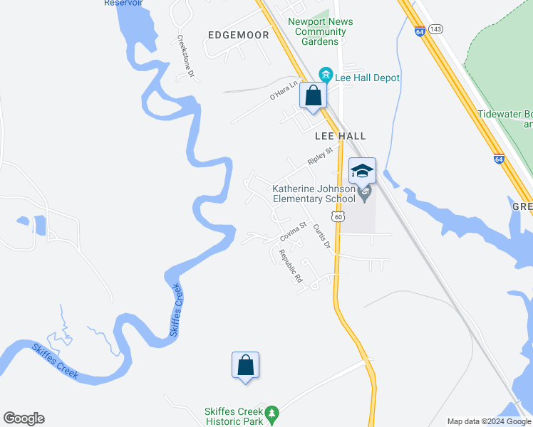 map of restaurants, bars, coffee shops, grocery stores, and more near 225 Bridgewater Drive in Newport News
