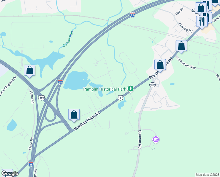 map of restaurants, bars, coffee shops, grocery stores, and more near 6106 Lewis Road in Petersburg