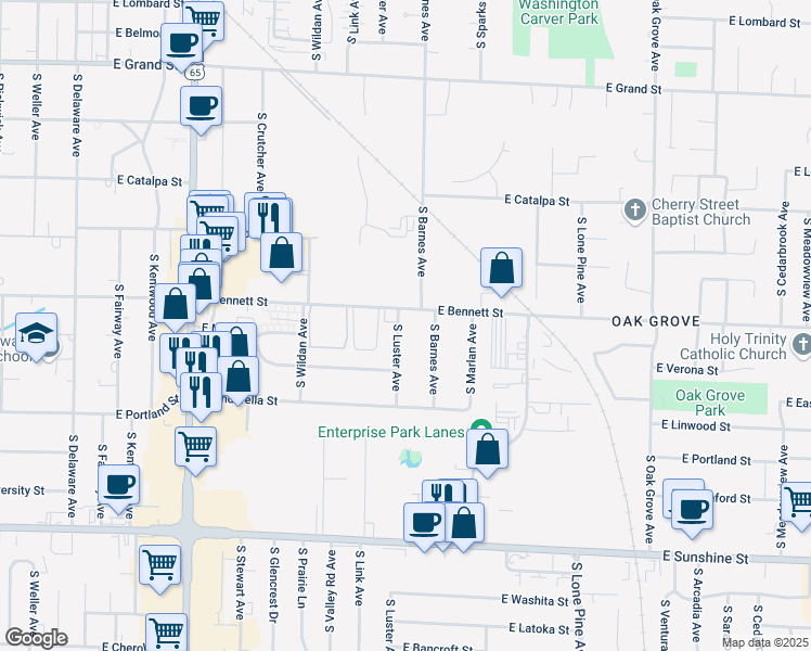 map of restaurants, bars, coffee shops, grocery stores, and more near 1418 South Luster Avenue in Springfield