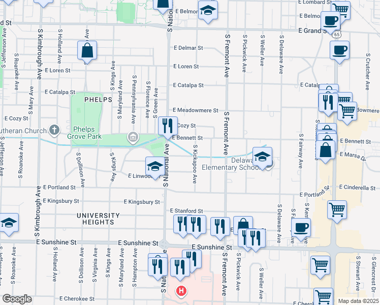 map of restaurants, bars, coffee shops, grocery stores, and more near 1251 East Linwood Drive in Springfield