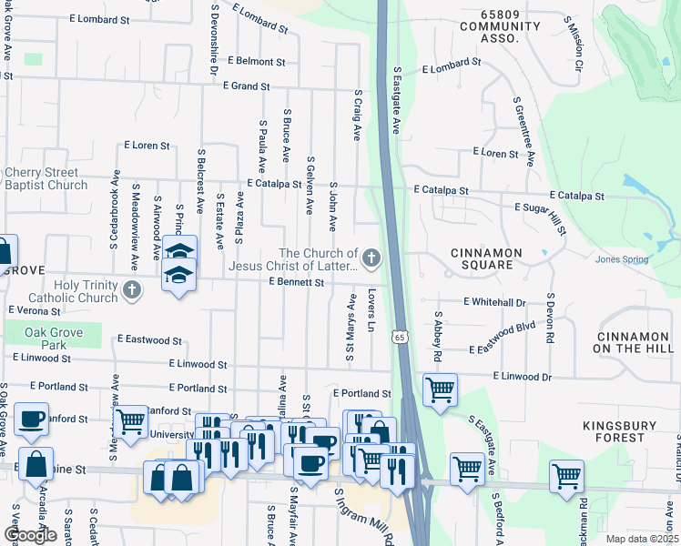 map of restaurants, bars, coffee shops, grocery stores, and more near 1360 South John Avenue in Springfield