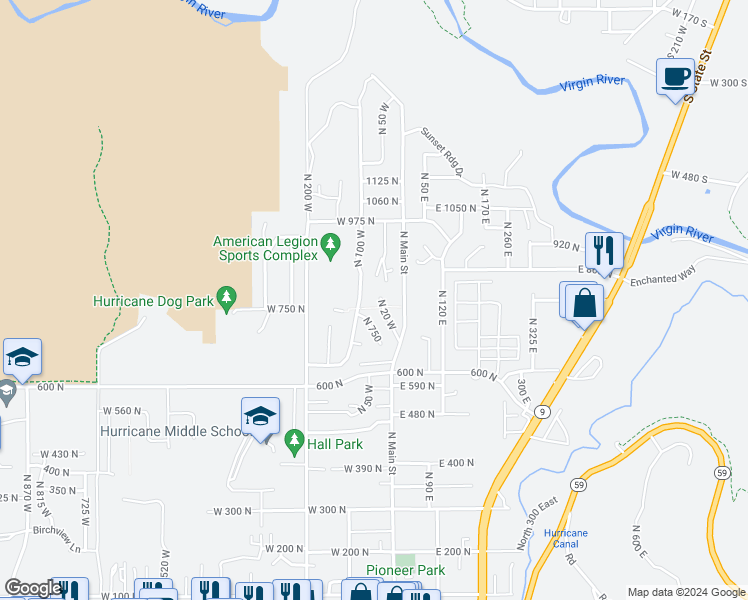 map of restaurants, bars, coffee shops, grocery stores, and more near 777 North 20 West in Hurricane