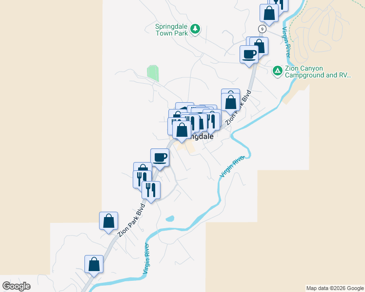 map of restaurants, bars, coffee shops, grocery stores, and more near 933 Zion Park Boulevard in Springdale