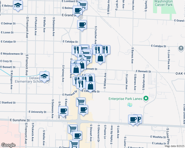map of restaurants, bars, coffee shops, grocery stores, and more near 1901-1931 East Verona Street in Springfield