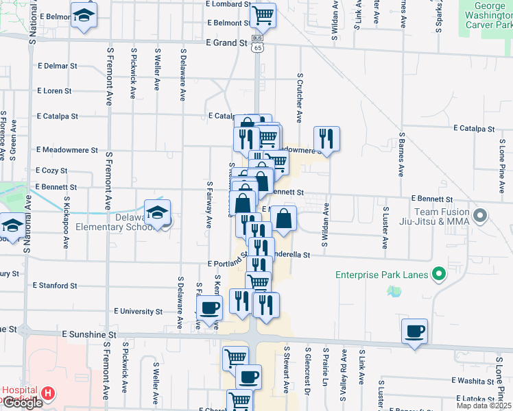 map of restaurants, bars, coffee shops, grocery stores, and more near in Springfield