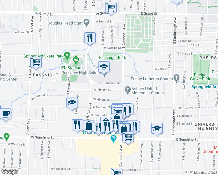 map of restaurants, bars, coffee shops, grocery stores, and more near 507 West Ildereen Street in Springfield
