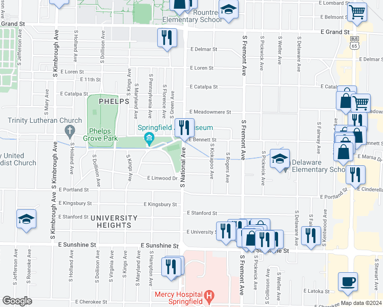 map of restaurants, bars, coffee shops, grocery stores, and more near 1215 East Linwood Drive in Springfield