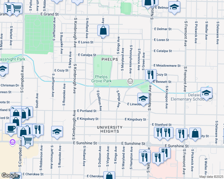 map of restaurants, bars, coffee shops, grocery stores, and more near 1448 S Virginia Ave in Springfield