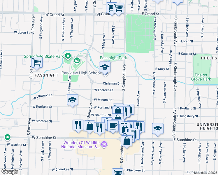 map of restaurants, bars, coffee shops, grocery stores, and more near 511 West Ildereen Street in Springfield