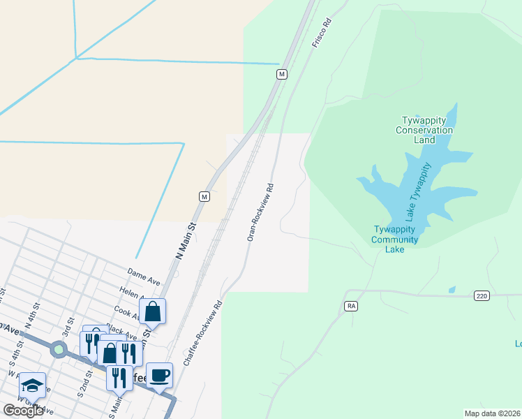 map of restaurants, bars, coffee shops, grocery stores, and more near Oran-Rockview Road in Chaffee