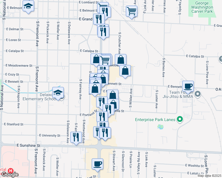 map of restaurants, bars, coffee shops, grocery stores, and more near 1442 South Glenstone Avenue in Springfield