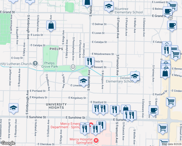 map of restaurants, bars, coffee shops, grocery stores, and more near 1438 South National Avenue in Springfield