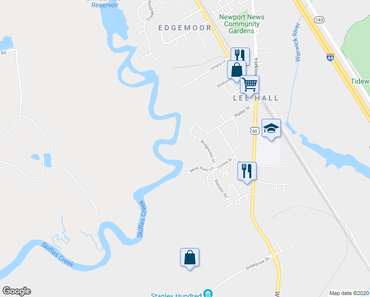 map of restaurants, bars, coffee shops, grocery stores, and more near 333 Bridgewater Drive in Newport News