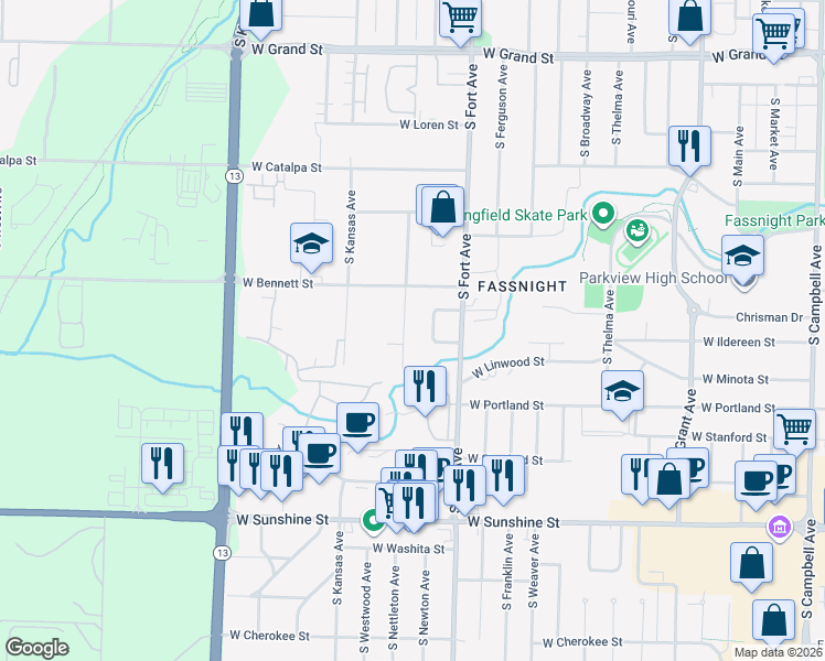 map of restaurants, bars, coffee shops, grocery stores, and more near 1500 S Newton Ave in Springfield