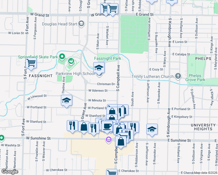 map of restaurants, bars, coffee shops, grocery stores, and more near 413 West Ildereen Street in Springfield