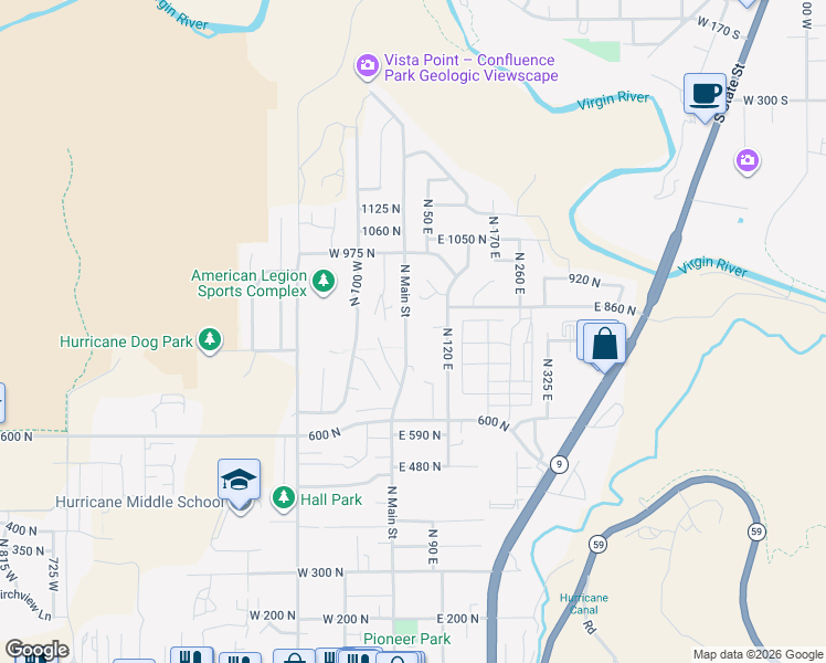 map of restaurants, bars, coffee shops, grocery stores, and more near 800 North Main Street in Hurricane