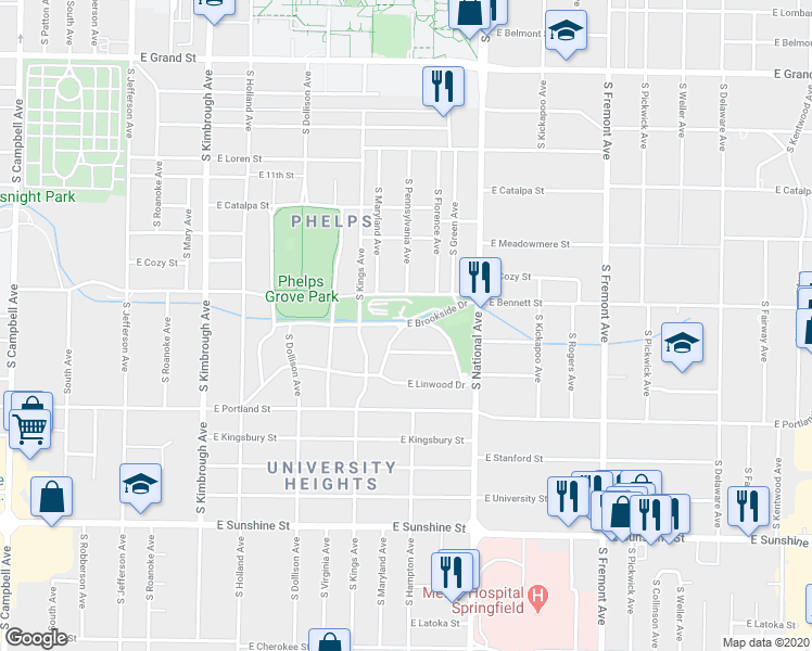 map of restaurants, bars, coffee shops, grocery stores, and more near 1060 East Linwood Circle in Springfield