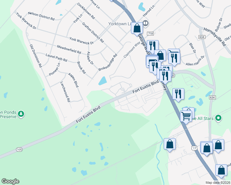 map of restaurants, bars, coffee shops, grocery stores, and more near 100 Bridge Crossing in Yorktown