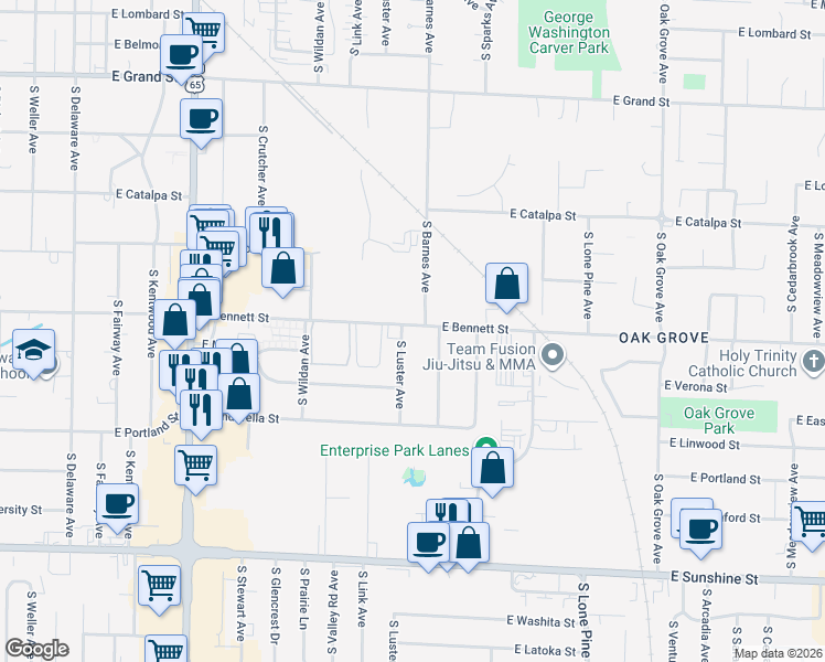 map of restaurants, bars, coffee shops, grocery stores, and more near 1418 South Luster Avenue in Springfield