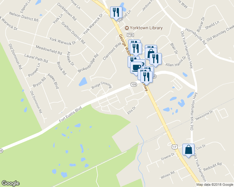 map of restaurants, bars, coffee shops, grocery stores, and more near 101 Crestwood Court in Yorktown