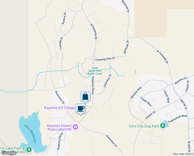 map of restaurants, bars, coffee shops, grocery stores, and more near 1121 Two Moons Way in Ivins