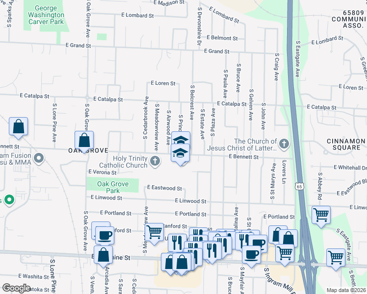 map of restaurants, bars, coffee shops, grocery stores, and more near 2951 East Bennett Street in Springfield