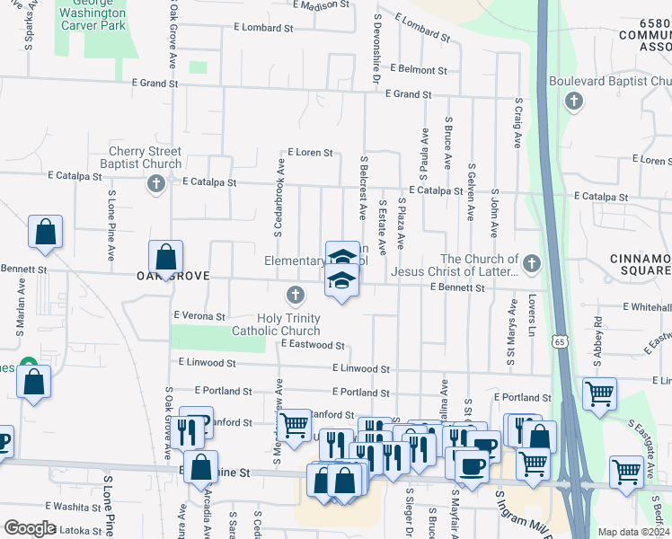 map of restaurants, bars, coffee shops, grocery stores, and more near 1345 South Prince Lane in Springfield