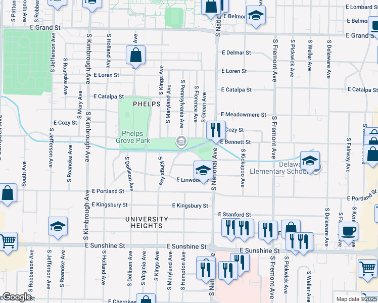 map of restaurants, bars, coffee shops, grocery stores, and more near 1101 East Linwood Circle in Springfield
