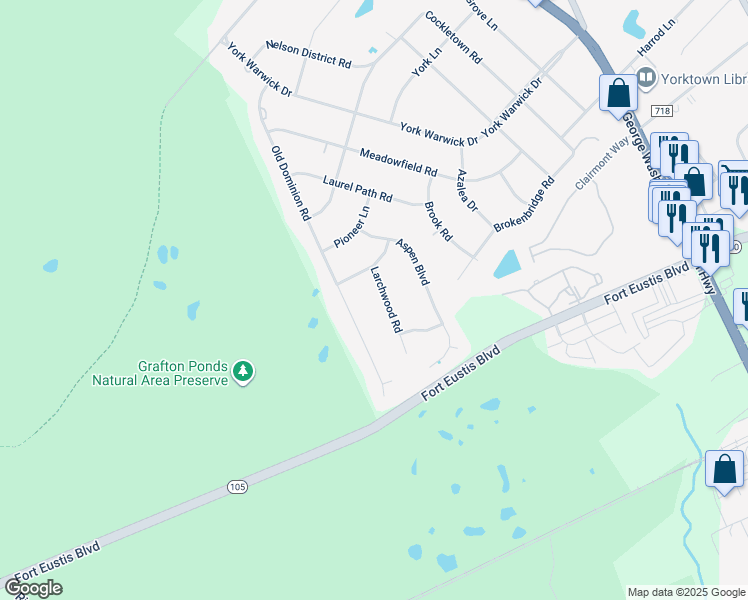 map of restaurants, bars, coffee shops, grocery stores, and more near 104 Larchwood Road in Yorktown