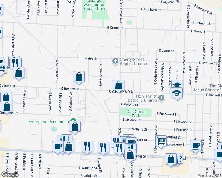 map of restaurants, bars, coffee shops, grocery stores, and more near 2526 East Bennett Street in Springfield