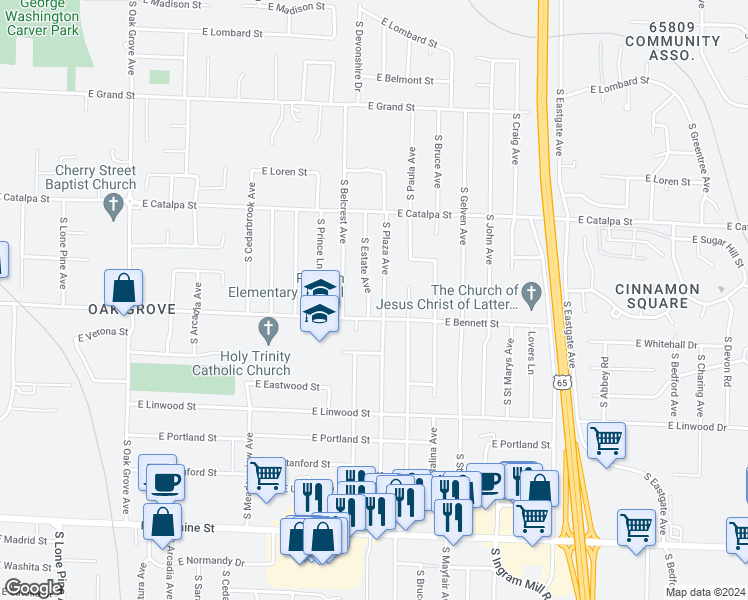 map of restaurants, bars, coffee shops, grocery stores, and more near 1336 South Estate Avenue in Springfield