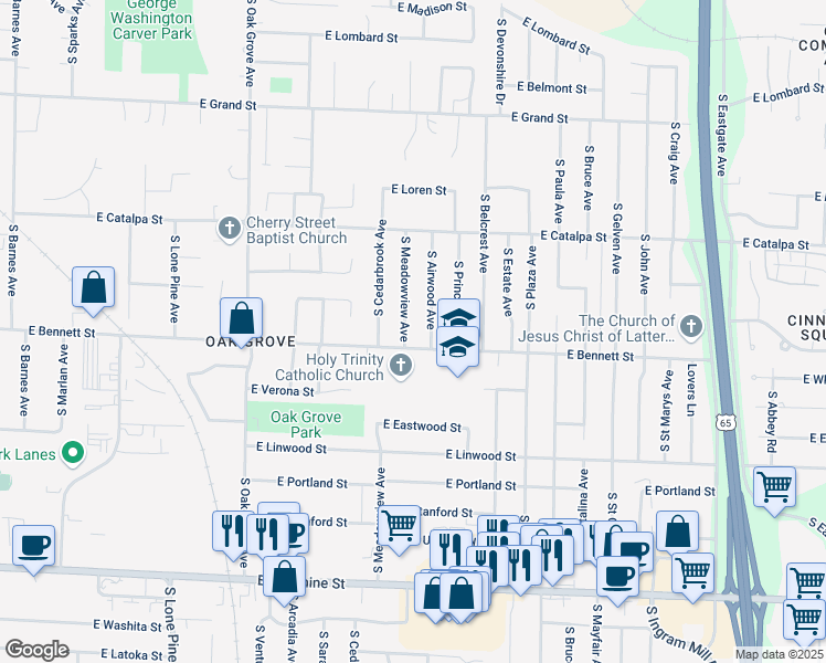 map of restaurants, bars, coffee shops, grocery stores, and more near 2905 East Bennett Street in Springfield