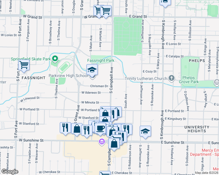 map of restaurants, bars, coffee shops, grocery stores, and more near 413 West Ildereen Street in Springfield