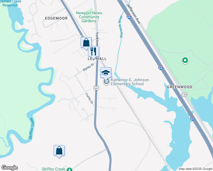 map of restaurants, bars, coffee shops, grocery stores, and more near 17346 Warwick Boulevard in Newport News