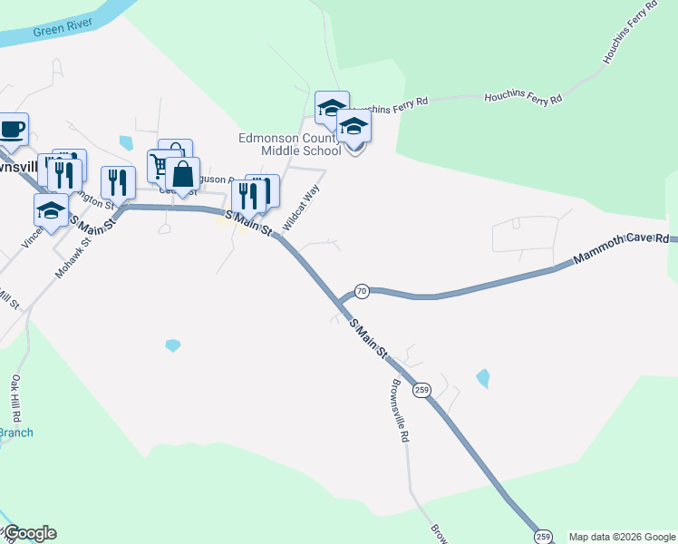 map of restaurants, bars, coffee shops, grocery stores, and more near 49-453 Mammoth Cave Road in Brownsville