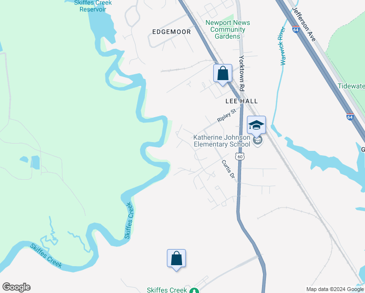 map of restaurants, bars, coffee shops, grocery stores, and more near 307 Bridgewater Drive in Newport News