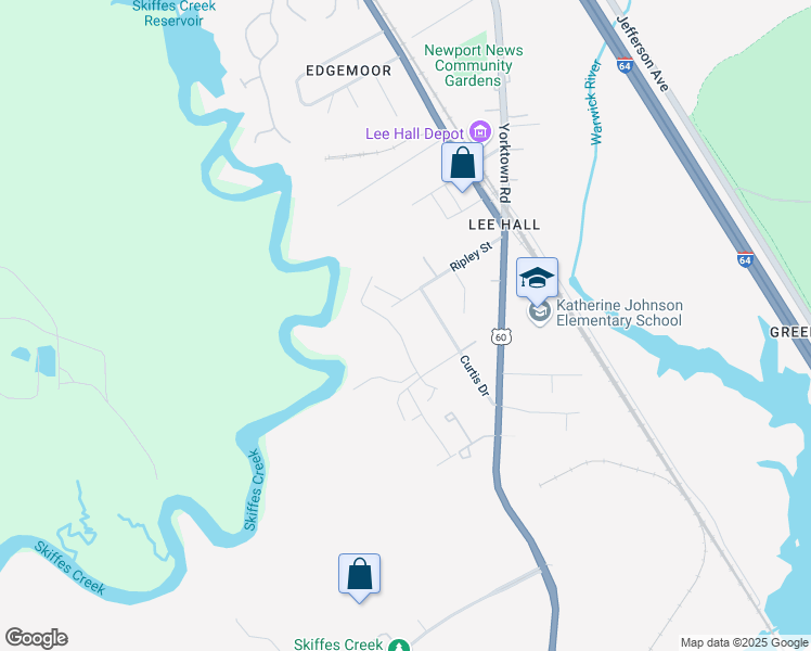 map of restaurants, bars, coffee shops, grocery stores, and more near 226 Bridgewater Drive in Newport News
