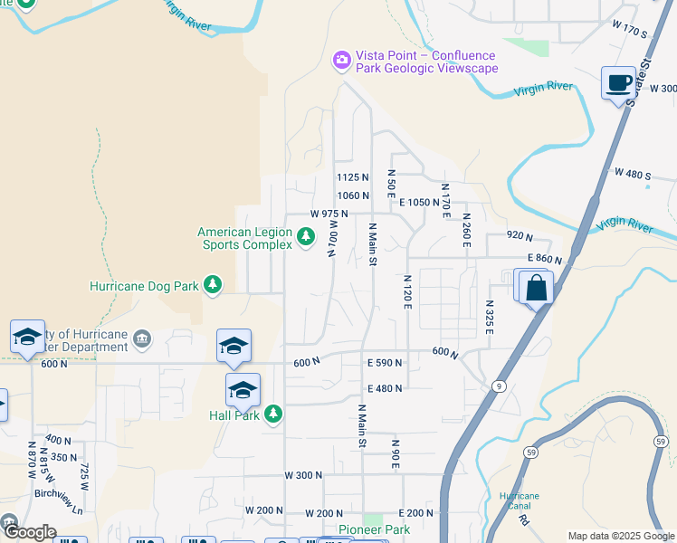 map of restaurants, bars, coffee shops, grocery stores, and more near 777 North 20 West in Hurricane