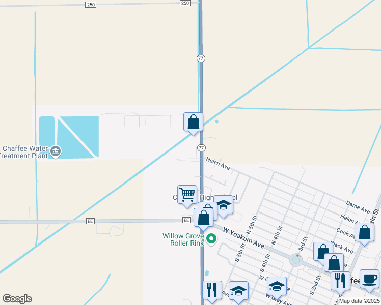 map of restaurants, bars, coffee shops, grocery stores, and more near 12273 Missouri 77 in Chaffee