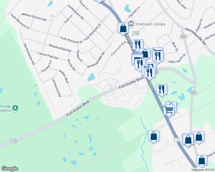 map of restaurants, bars, coffee shops, grocery stores, and more near 2201 Fort Eustis Boulevard in Yorktown
