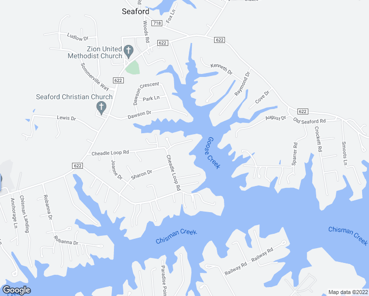 map of restaurants, bars, coffee shops, grocery stores, and more near 109 Goose Creek Road in Seaford