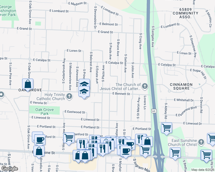 map of restaurants, bars, coffee shops, grocery stores, and more near 3101-3157 East Bennett Street in Springfield