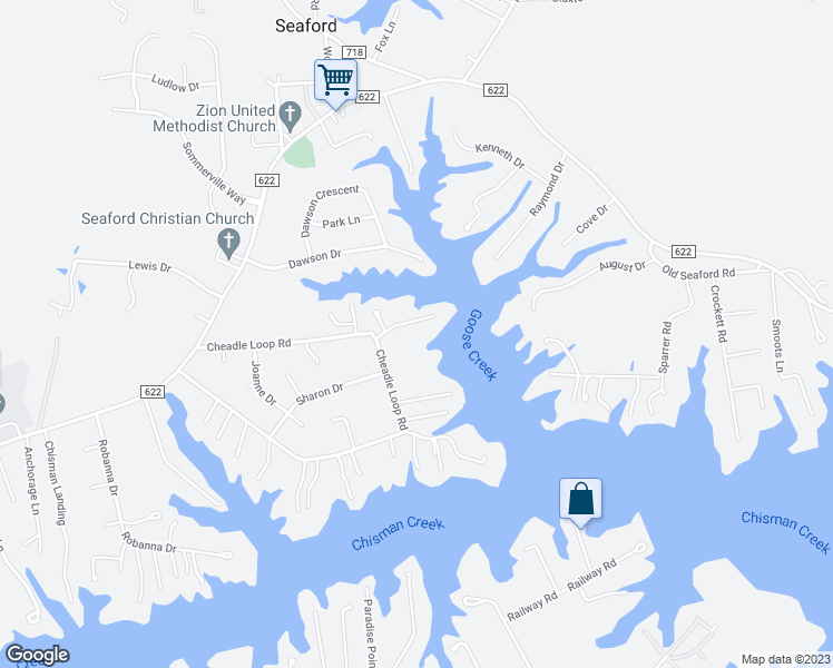 map of restaurants, bars, coffee shops, grocery stores, and more near 109 Goose Creek Road in Seaford