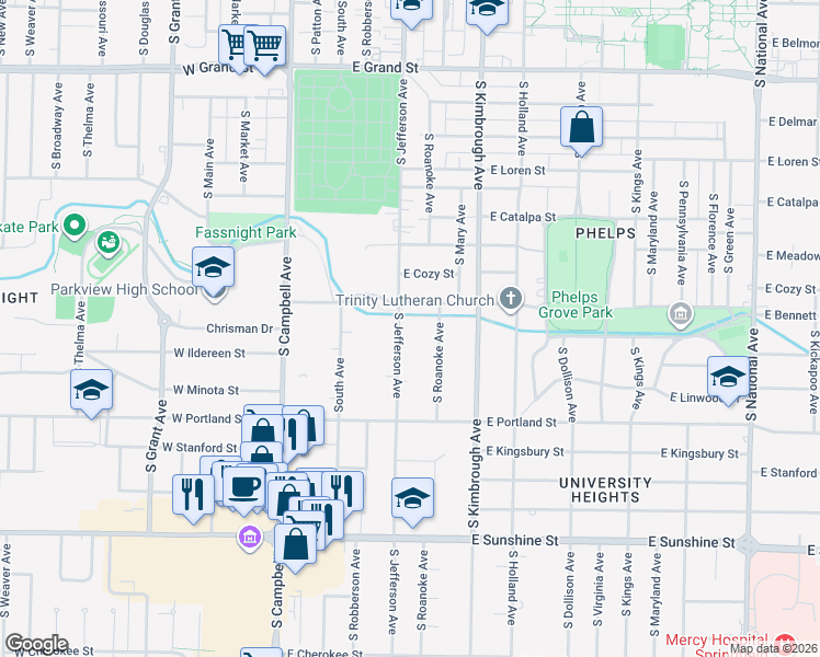 map of restaurants, bars, coffee shops, grocery stores, and more near 1451 South Roanoke Avenue in Springfield