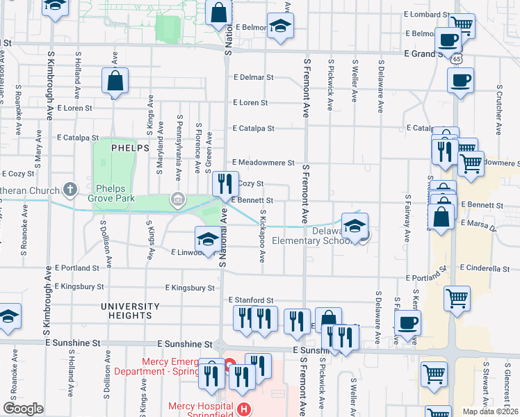 map of restaurants, bars, coffee shops, grocery stores, and more near 1251 East Linwood Drive in Springfield