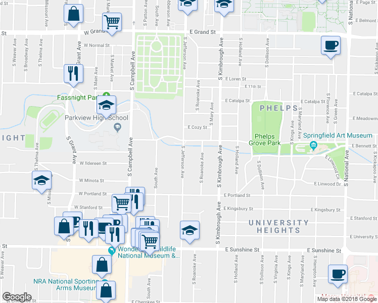 map of restaurants, bars, coffee shops, grocery stores, and more near 1424 South Jefferson Avenue in Springfield