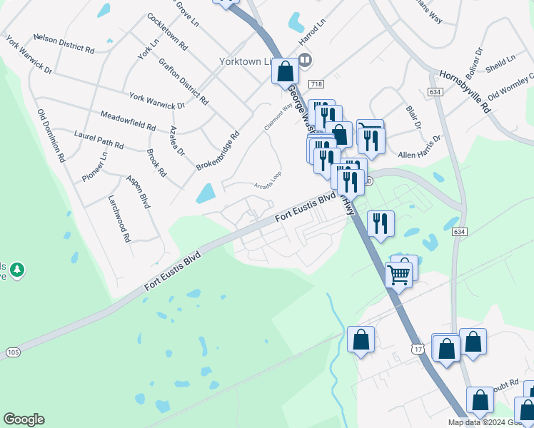 map of restaurants, bars, coffee shops, grocery stores, and more near 1403 Bridge Crossing in Yorktown