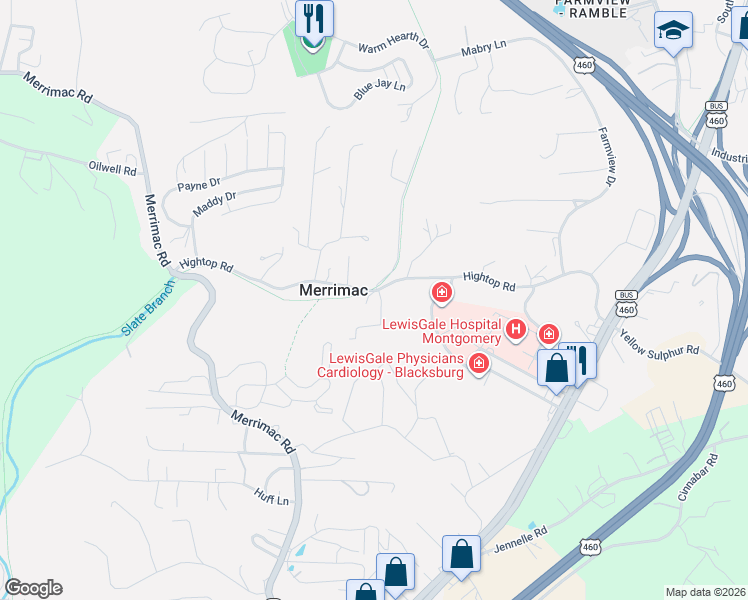 map of restaurants, bars, coffee shops, grocery stores, and more near 935 Huckleberry Trail in Blacksburg