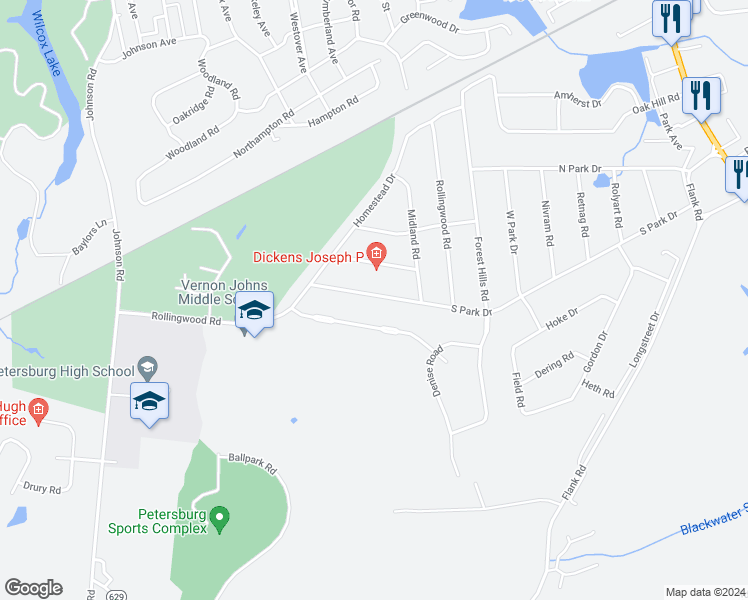 map of restaurants, bars, coffee shops, grocery stores, and more near 1002 South Park Drive in Petersburg